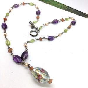 Silver amethyst peridot pearls art glass necklace